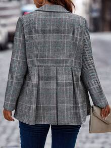 SHEIN CURVE+ 大碼格紋印花褶皺花呢外套 - 深灰色 - 查看 2