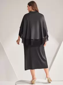 Modelyn Plus Size Solid Color Slim Fit Tank Dress And Tassel Decorated Cape Top 2pcs/Set - Black - View 2