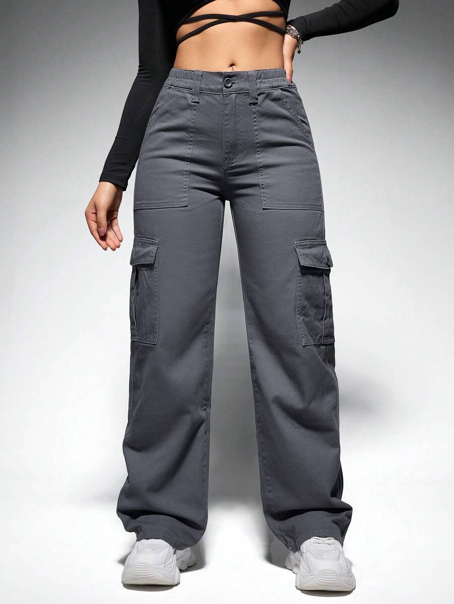 SHEIN ICON Women's Loose Fit Denim Jeans With Flap Side Pockets - Dark Grey - View 1