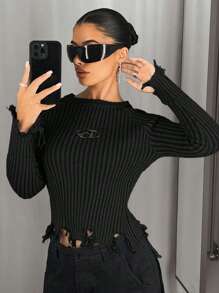 SHEIN ICON Distressed Knit Raglan Sleeve Sweater,Long Sleeve Tops In Fall/Winter - Black - View 1