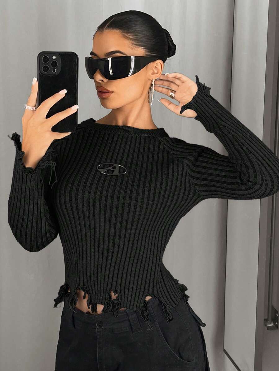 SHEIN ICON Distressed Knit Raglan Sleeve Sweater,Long Sleeve Tops In Fall/Winter - Black - View 1