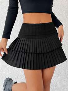 SHEIN EZwear Double Layered Pleated Skirt For Women - Black - View 4
