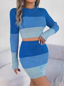 Contrast Color Long-Sleeved Crop Top Bodycon Skirt Sweater Set - Blue - View 1