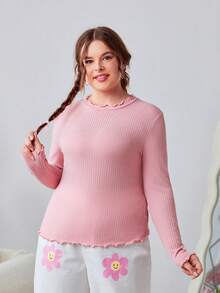 SHEIN EZwear 加大碼純色荷葉邊長袖t恤 - 彩色 - 查看 10