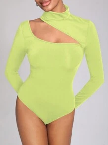 NEW FEMME Turtle Neck Longsleeve Bodysuit With Cut Out - Green - View 5