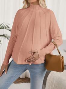 SHEIN Maternity Stand Collar Long Sleeve Sweater, For Winter - Coral Pink - View 3