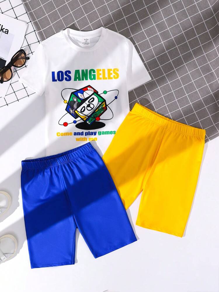 Tween Boy Casual Street Style Cartoon Pattern Round Neck Short Sleeve T-Shirt And Shorts Snug Fit Pajama Set