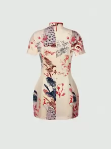 SHEIN Unity New Chinese Style Printed Dress With Buttoned Placket - Apricot - View 2