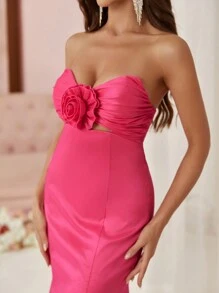 SHEIN Belle Tube Top Shape, Three-Dimensional Flower Details, Fishtail Hem, Women’S Evening Dress (Heavy Industry Version) - Pink - View 8
