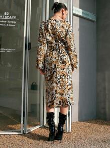 Chiquease 女士v領燈籠袖上衣劈裙豹紋套裝 - 彩色 - 查看 2