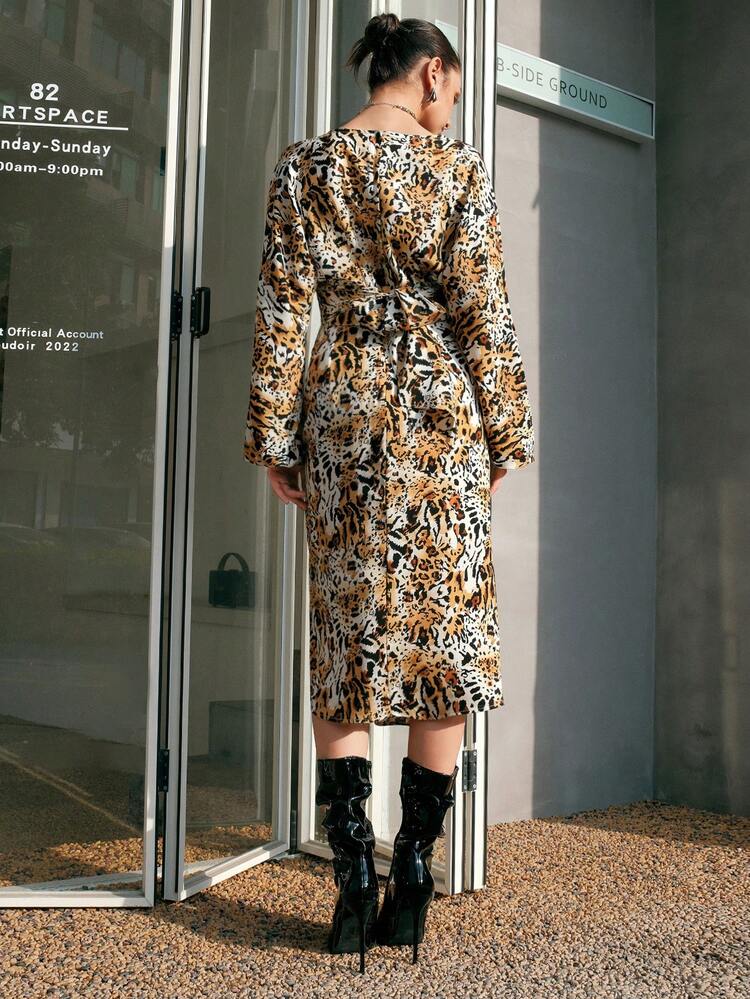 Women'S V-Neck Lantern Sleeve Top Slit Skirt Leopard Print Two-Piece Set