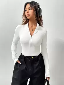SHEIN Unity Body De Mujer De Una Sola Pieza Con Cremallera Frontal Y Color Sólido - Blanco - Ver 6