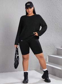 SHEIN EZwear Camiseta de mujer talla grande de cuello redondo y color liso con tejido de punto acanalado - Negro - Ver 4