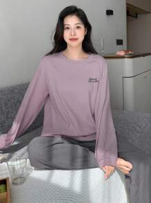 DAZY 女士字母印花上衣和长裤家居服套装，秋冬服装，舒适休闲装