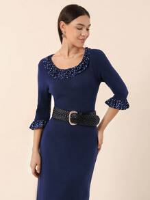 SHEIN Privé Ladies' Polka Dot Printed Sweater Dress With Large Round Collar And Lace Decoration - Royal Blue - View 4