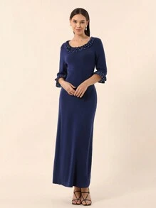 SHEIN Privé Ladies' Polka Dot Printed Sweater Dress With Large Round Collar And Lace Decoration - Royal Blue - View 5
