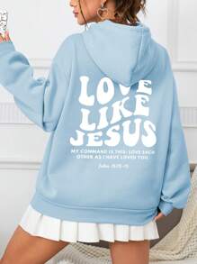 SHEIN EZwear 女士帶有信封印花後背的帽衫 - 淺藍色 - 查看 1
