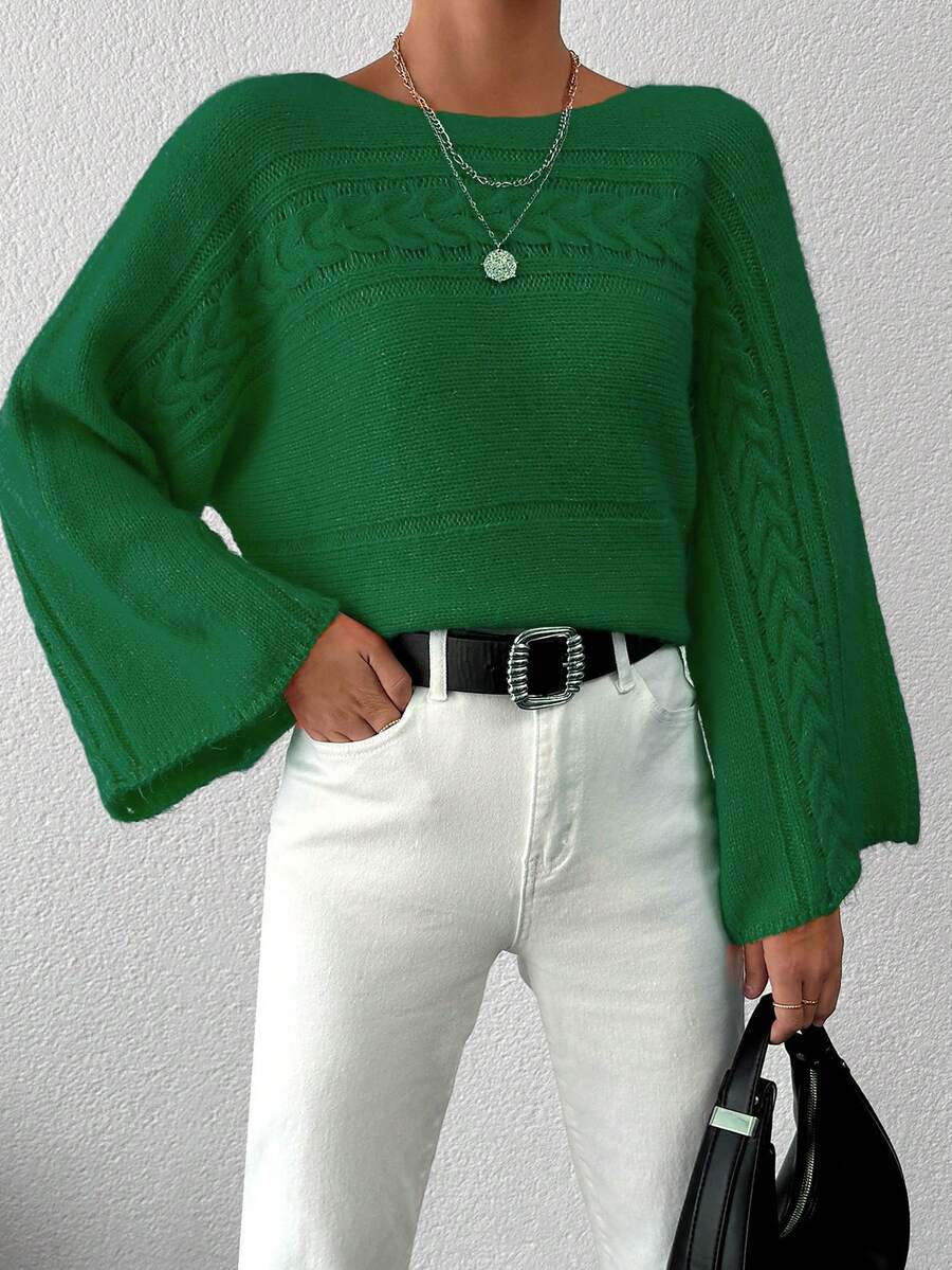 EURMUSE Women'S Solid Color Flared Sleeves Sweater - Lime Green - View 1