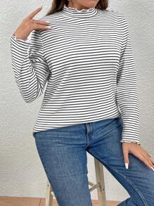 EMERY ROSE Tricou cu dungi cu tiv cu salată verde - Alb-negru - Vizualizare 5