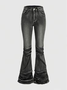 ROMWE Grunge Punk Vintage Distressed Wash Flared Denim Jeans, School