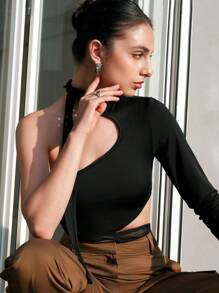 Zolique Asymmetrical Tie Neck Cut Out Bodysuit Fall Cloth For Women - Black - View 7