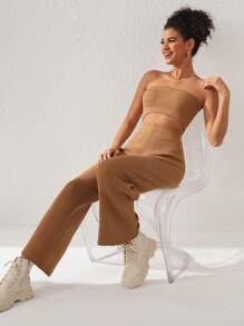 Queen Is The Title Designer Solid Ribbed Knit Tube Top & Wide Leg Pants, Fall Women Co-Ords, For Autumn, Holiday, Winter, Vacation - Camel - View 6