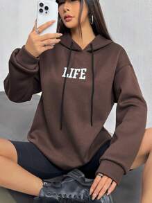 SHEIN Unity 女士天使標語印花帽衫,綁繩設計 - 棕色 - 查看 5