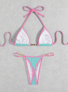 Swim Vcay Summer Beach Colorblock Edging Two Pieces Bikini Set - Baby Blue - View 3