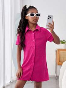 SHEIN Girls' Everyday Casual Knitted Jacquard Shirt Dress