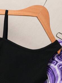 SHEIN Bé gái Đẹp , Thanh lịch , Thoải mái , Và Áo ba lỗ Với Đá hoa In Quần loe Hai chiếc Bộ Cho mùa hè - màu đen - Xem 5