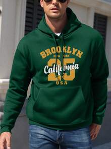 Men'S Hooded Sweatshirt With Kangaroo Pocket And Letter Print Design - Green - View 3