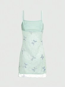 ROMWE Summer Elegant Butterfly Sequined Embroidered Camisole Dress - Green - View 2
