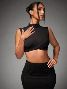 SHEIN BAE Conjunto De Dos Piezas Para Mujer: Chaleco Corto De Cuello Alto Y Falda Plisada - Negro - Ver 3