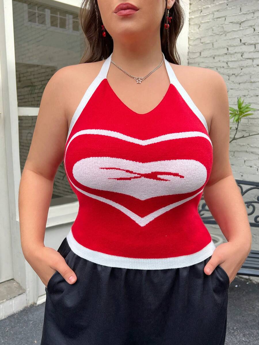 SHEIN EZwear מידות גדולות מחולק לצבעים הדפס לבבות סוודר סריג - אדום ולבן - ראה 1