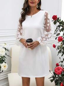 SHEIN LUNE 女性休閒網紗燈籠袖連心形裝飾連衣裙 - 白色 - 查看 6