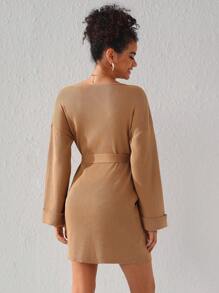 Queen Is The Title Colorblock Round Neck Open Front Drop Shoulder Cardigan - Camel - View 2
