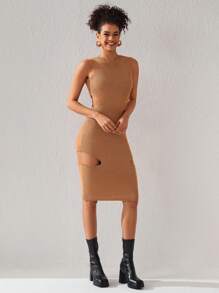 Queen Is The Title Designer Solid Cut-Out Ribbed Knit Elegant Sweater Dress, For Holiday, Party, Birthday Outfits, Festival, Wedding, Prom Dress - Camel - View 4