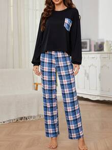 女士格紋拼接上衣和格紋長褲休閒家居套裝 - 藍色 - 查看 6