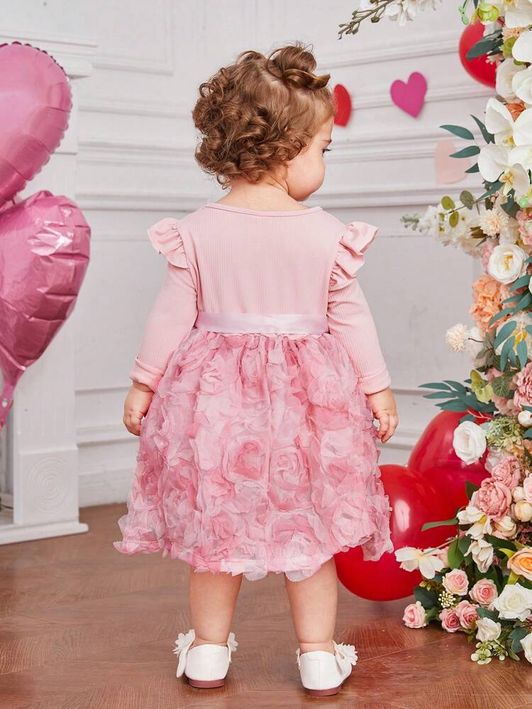 Elegant Knit Patchwork 3d Flower Mesh Long Sleeve Belted Dress For Baby Girls