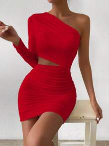 Zolique Vestido ajustado con un hombro, con pliegues y abertura para la Nochevieja - Rojo - Ver 3