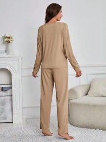 Solid Color Long Sleeve T-Shirt And Pants Pajama Set - Khaki - View 2