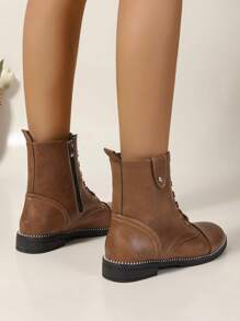 Women's Warm Brown Flat Heel Mid-calf Boots With Side Zipper, Lace-up And Pointed Toe Design For Autumn And Winter Outdoor Activities - Brown - View 2