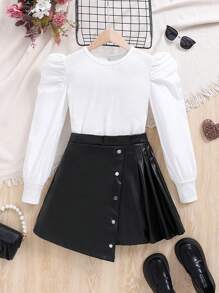 SHEIN 女童純色泡泡袖上衣+pu皮裙 - 黑與白 - 查看 1