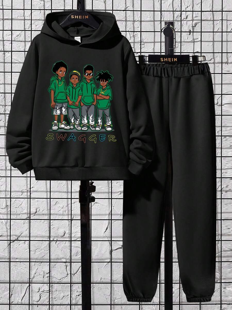 2 cái/bộ Chàng trai trẻ Giải trí Áo nỉ có mũ Và Quần Với Nhân vật & In thư - màu đen - Xem 1