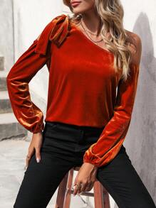 SHEIN LUNE Áo Sơ Mi Nữ Dài Tay Cổ Bất Đối Xứng - Rỉ Nâu - Xem 4