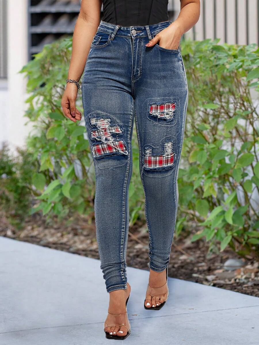 SHEIN LUNE Women's Plaid Patchwork Skinny Jeans With Distressed Details - Blue - View 1