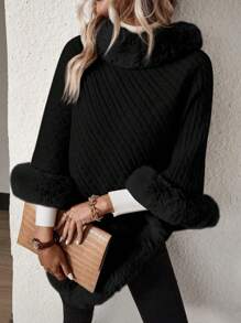 SHEIN Clasi Solid Color High-Neck Plush Patchwork Batwing Sleeve Sweater - Black - View 5