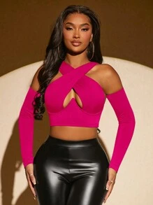 SHEIN SXY Ladies' Solid Color Hollow Out Crisscross Halter Crop T-Shirt - Hot Pink - View 3