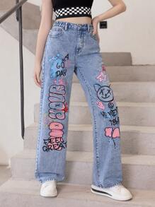 Lässige Und Modische Jeans Mit Geradem Bein Aus Gewaschenem Denim Mit Graffiti-print Für Teenager-mädchen