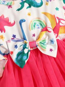 Infant Girls' Cartoon Dinosaur Print Dress With Bow Decoration, Net Overlay And Ruffled Hem - Multicolor - View 5